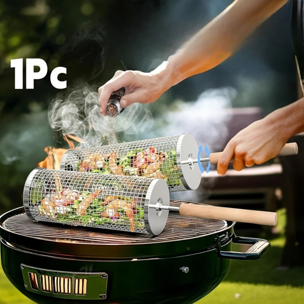 Rolling Grill Basket 304 Stainless Steel with Removable Handle Large Capacity for BBQ Camping Family Gathering Garden 1PC