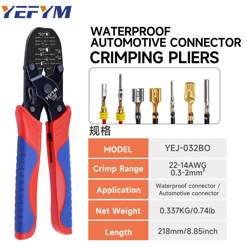 Open Barrel Terminal&Weather Pack Terminal Crimper YEJ-032BO for AWG 22-14（0.3-2mm²）Molex, Delphi, AMP/Tyco,Metri-Pack 150, 280