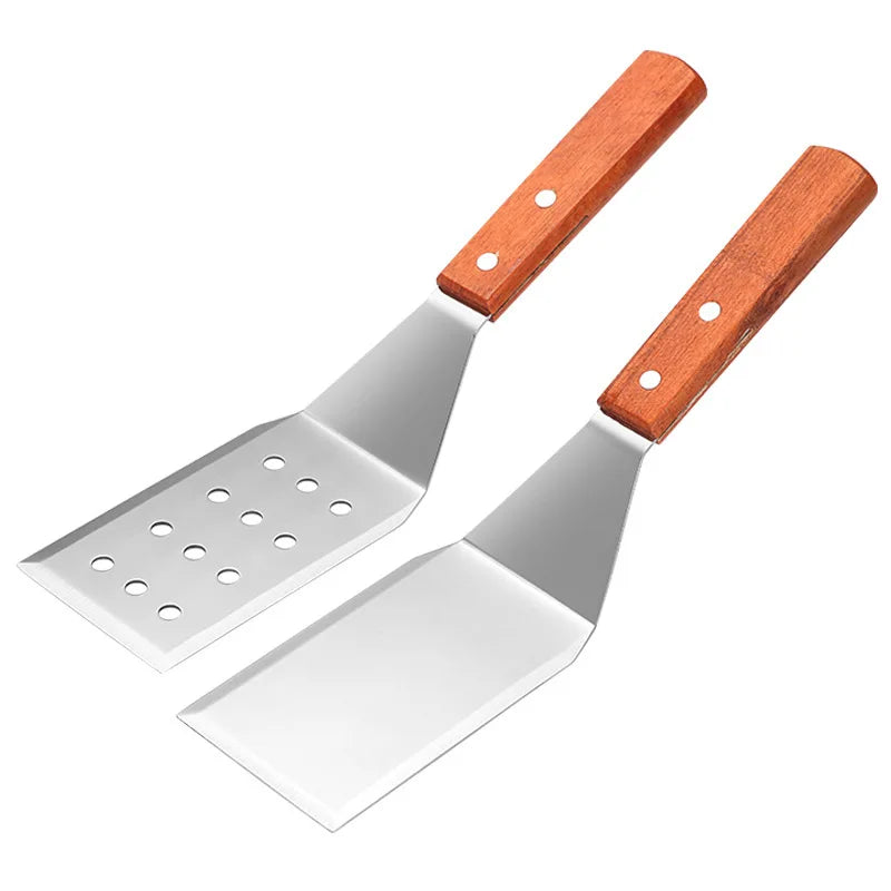 Stainless Steel Square Head Steak Cooking Spatula Wood Handle Pizza Shovel Pancake Beef Turner Scraper BBQ Utensils For Kitchen