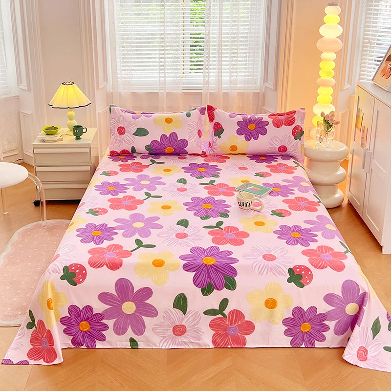 1PC or 3PCS Bed Flat Sheet Pillowcases Bed Cartoon Printed Top Sheets Single/Queen/King Flat Bedsheets Home Bed Linen Sheets
