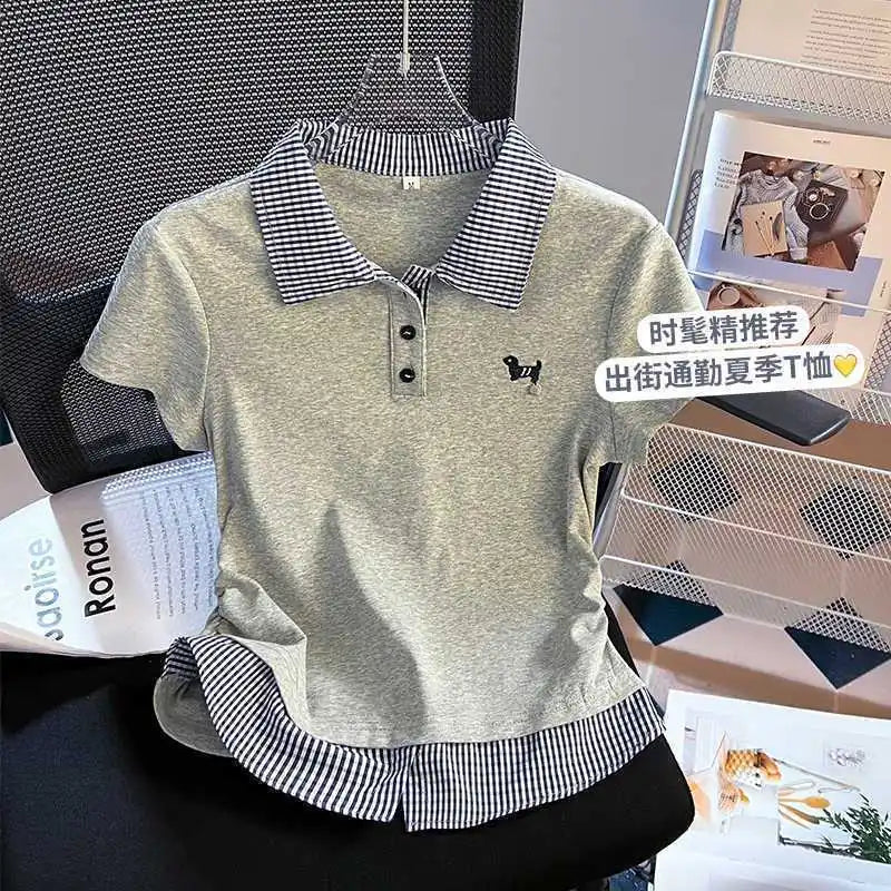 Summer Women's New Loose Casual Commuting Style Pattern Spliced Turn-down Collar Plus Size Short Sleeve T-shirt