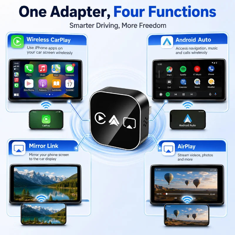 4 Funcs Wireless CarPlay Adapter 2026 Upgrade Mini USB Dongle Support Android Auto AirPlay Mirror Link WiFi Bluetooth Connection