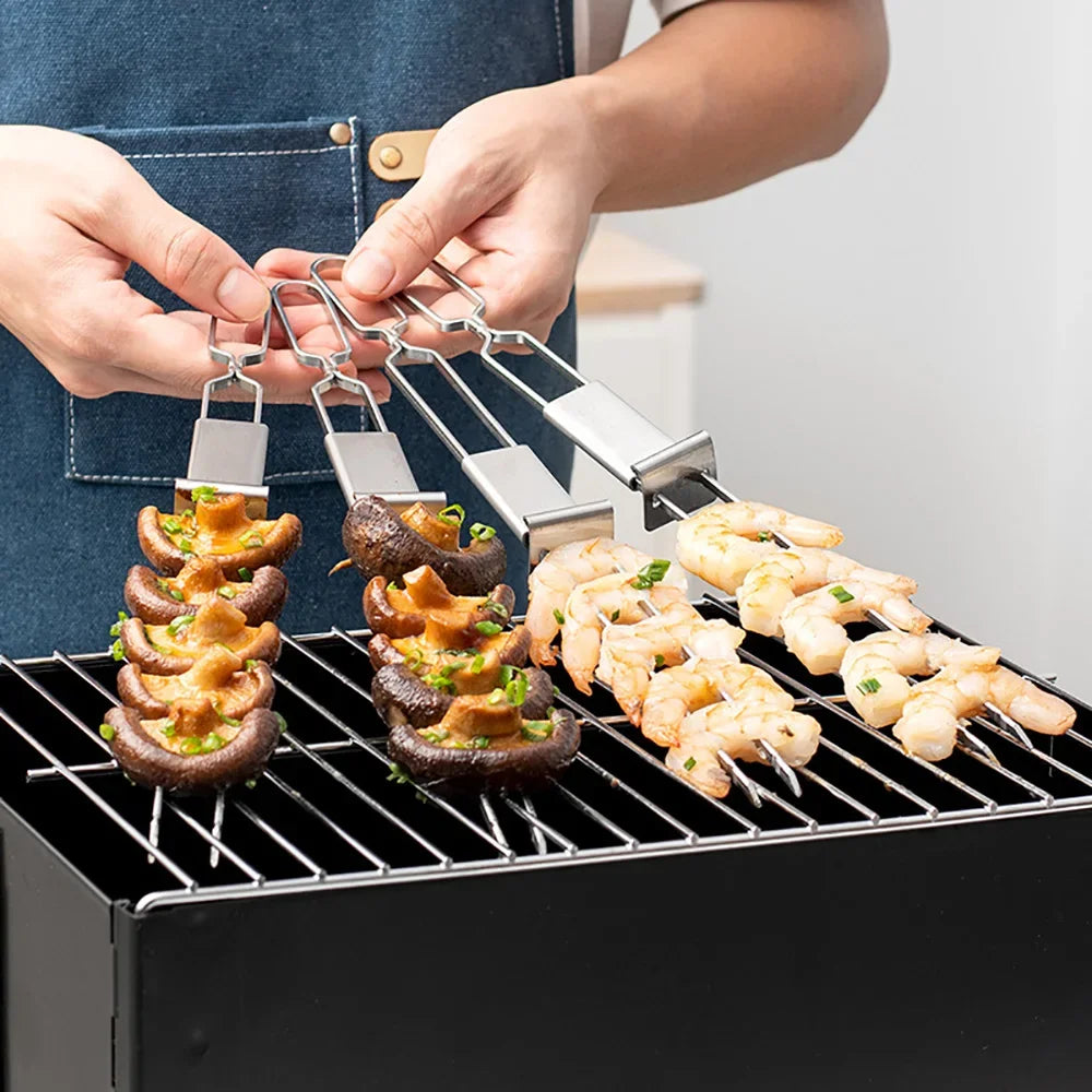 2/4/6Pcs Barbecue Grill Fork Stainless Steel Semi-automatic Double Head Metal Skewers Portable BBQ Fork Camping Picnic Grilling