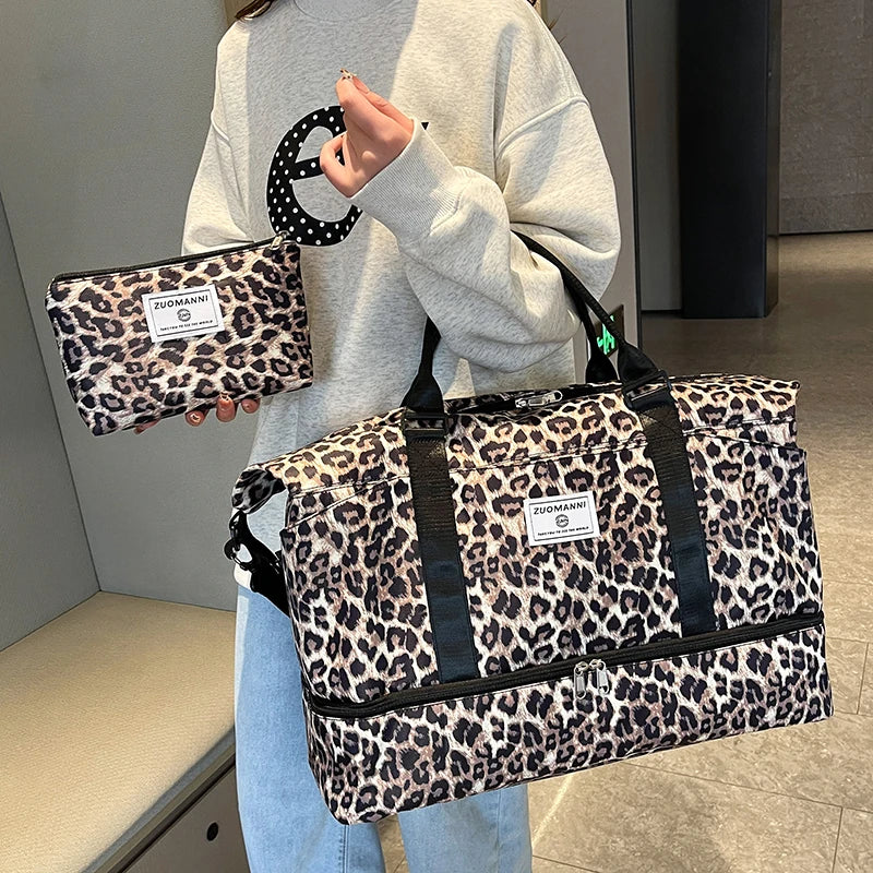 2pcs Set - Large Capacity Travel Duffel Bag with Shoe Compartment and Cosmetic Pouch Casual Nylon Gym Bag Weekend Overnight Bag