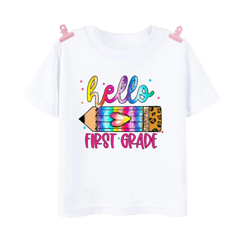 Hello First Grade Leopard Printed Kids Shirt 1-5 Grade Child Back To School Outfit  T-shirt Boys Girls Short Sleeve Tee Clothes