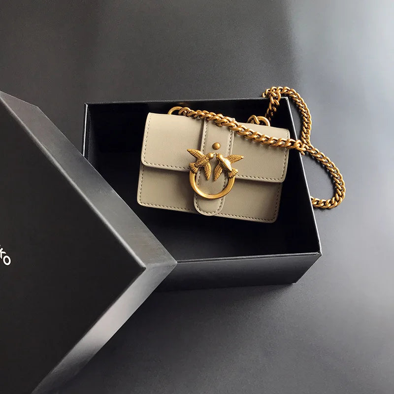 New Arrivalpinko Same Style Genuine Leather Super Mini Chain Small Square Lipstick Key Bag Swallow Bag Women's Handbag