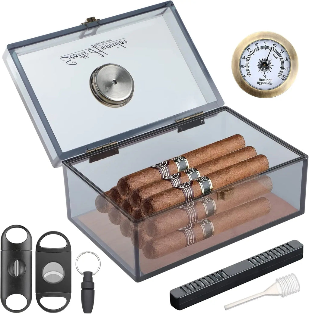 Acrylic Humidor - Cigar Box With Hygrometer, Humidifier & Accessories, Holds 20 Cigars