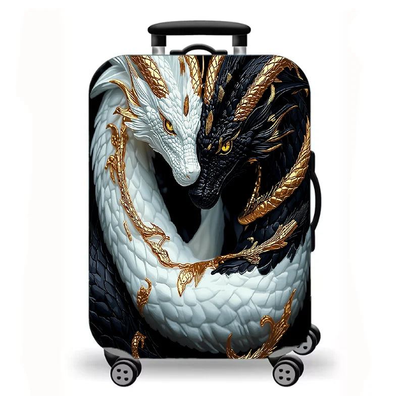 Luggage Cover, Fantasy Dragon Dinosaur Print Stretch Suitcase Protector, Medieval Castle Mythical Creature Travel Design