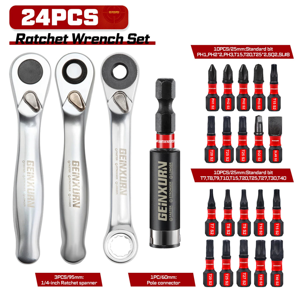 Geinxurn 1/4-inch Ratchet Wrench Set & Mini Spanner and Screwdriver Set, for Portable Plastic Box
