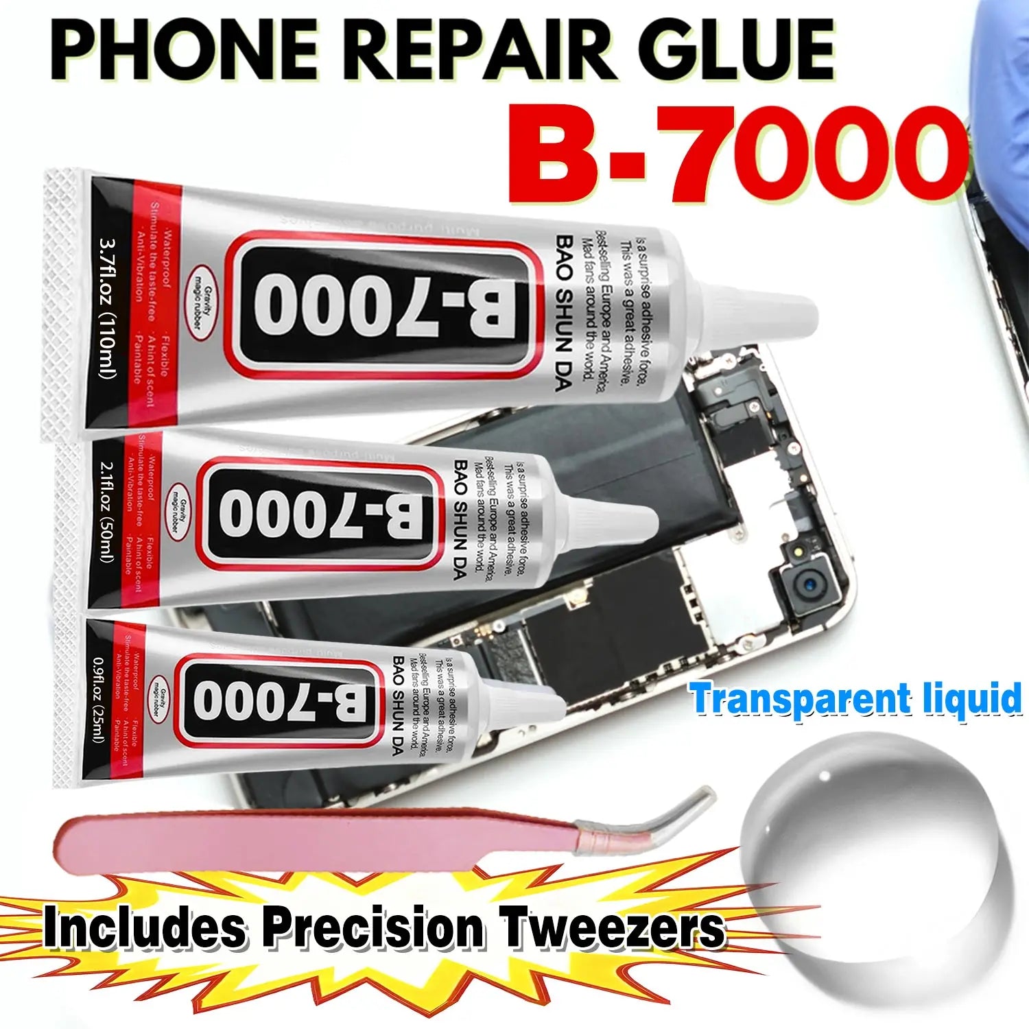 15ML 50ML 110ML B-7000 Clear Contact Universal Glass Plastic DIY Glue B7000 with Precision Applicator Glue B-7000 Mobile Phone Screen High-Strength Waterproof Adhesive Includes precision tweezers.