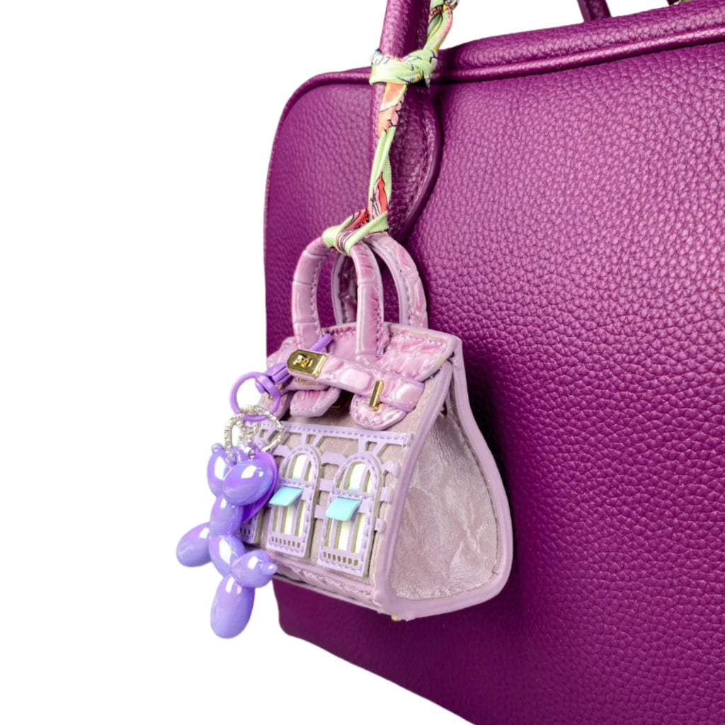 Handcrafted Mini House-Shaped Handbag with Puppy Keychain Suede Touch Bag Charm Purse Accessory for Earphones Coins Lipsticks