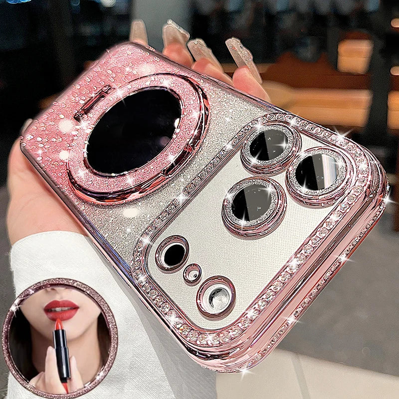 Luxury Diamond Clear Glitter For Magsafe Case For iPhone 17 16 15 14 13 12 11 Pro Max Air Mirror Magnetic Holder Stand Cover