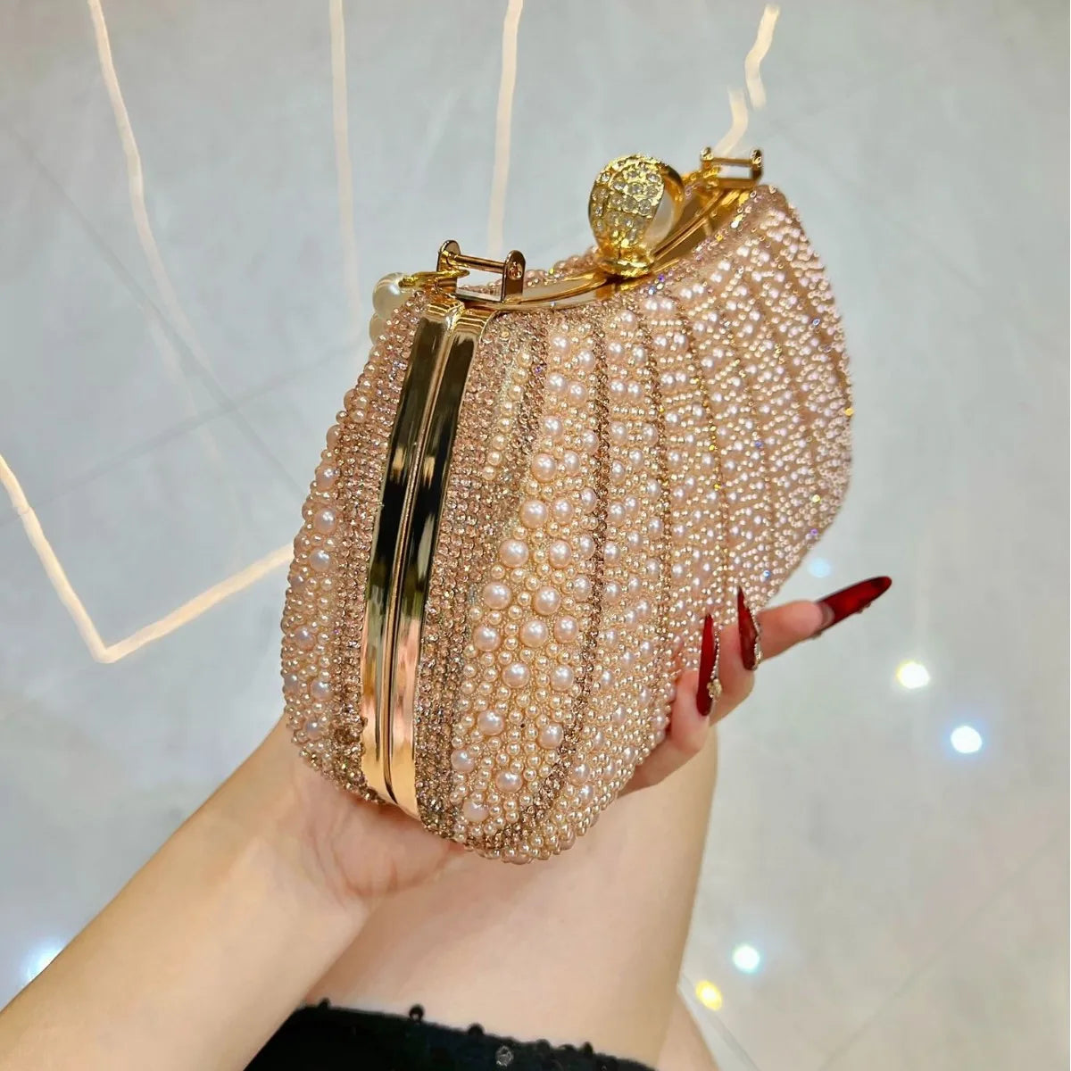 Pearl Rhinestone party Clutch Bag for Women Glitter Embroidered Bead Wedding Bride Handbag luxury Pearl Chain Evening Dress Bags