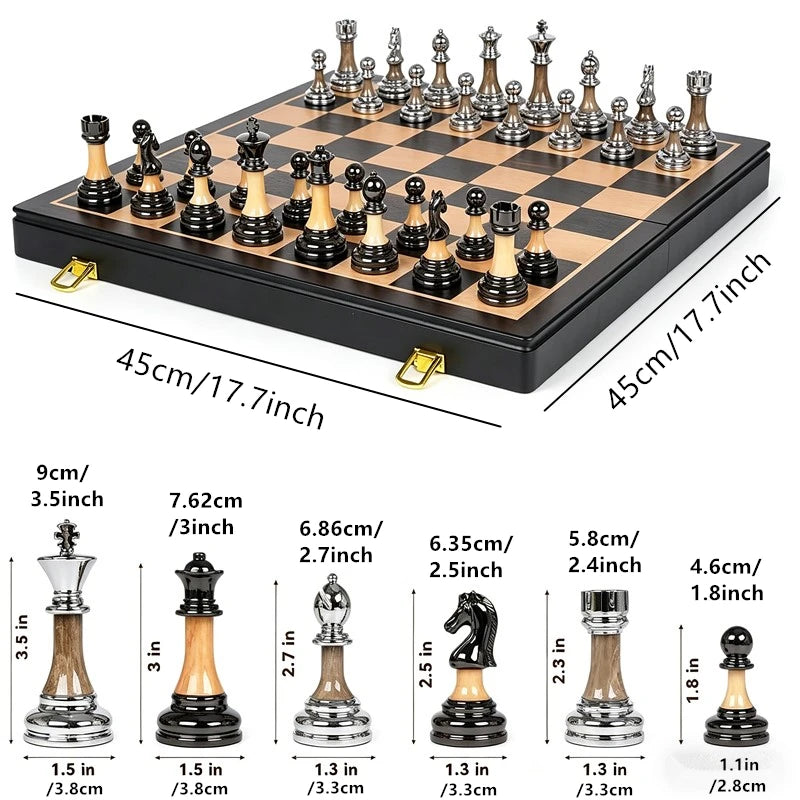 Chess set 45cm/ 17.7-inch Eewood large solid wood chessboard, high-end electroplated + acrylic chess piece king 9cm high