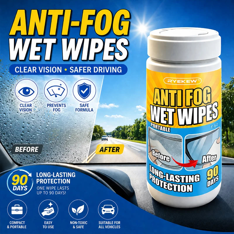 RYEKEW Car Glass & Interior Anti-Fog Wipes — Long-Lasting 90-Day Protection, Clear Visibility, Anti-Fog Cleaning Wipes