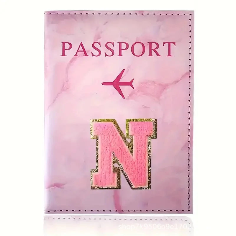 Pink PU Leather Passport Holder with Embroidery Label, Ticket & ID Credit Card Holder Cover, Travel Accessories