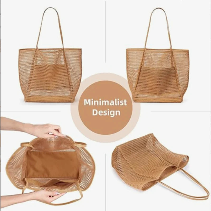 Women Mesh Net Beach Tote Bag, Foldable Single Shoulder Handbag Portable Outdoor Travel Casual Storage Bag for Seaside Holiday