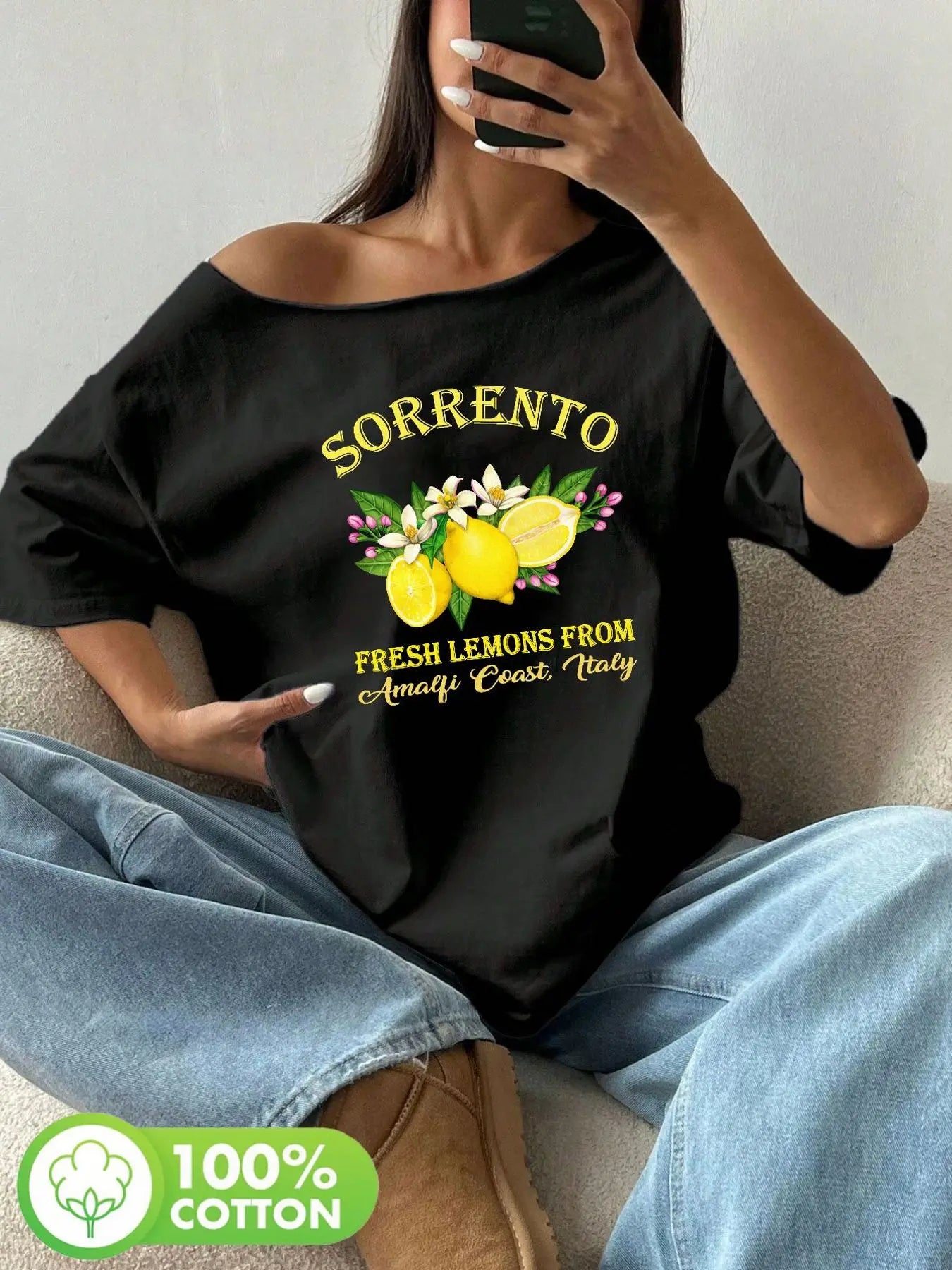 Plus Size 100% Cotton Shoulder Loose Print T-Shirt Oversized Y2K Style Graphic Tees Women Tops Summer Off The Shoulder Top
