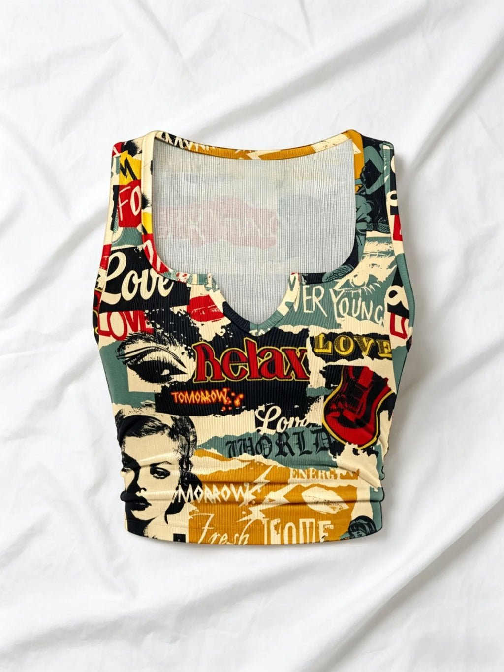 Plus Size Women Vintage Newspaper Collage Graphic Print Notch V Neck Ribbed Sleeveless Crop Tank Top Side Ruched Slim Fit Y2K St