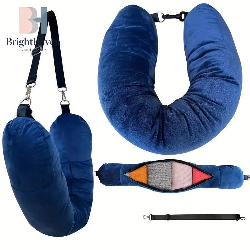 Travel Neck Pillow With Fillable Clothing Storage Bag U-Shaped Pillowcase Crystal Fleece Neck Pillow Cover For Airplane Travel