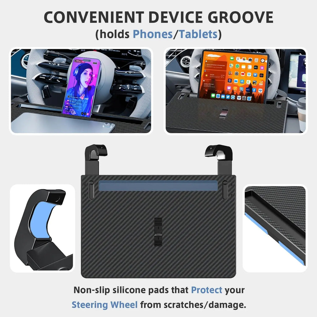 Carbon Fiber Design Auto Steering Wheel Tray Multipurpose Adjustable Car Table with Drawer and Anti-Slip Protective Adhesive