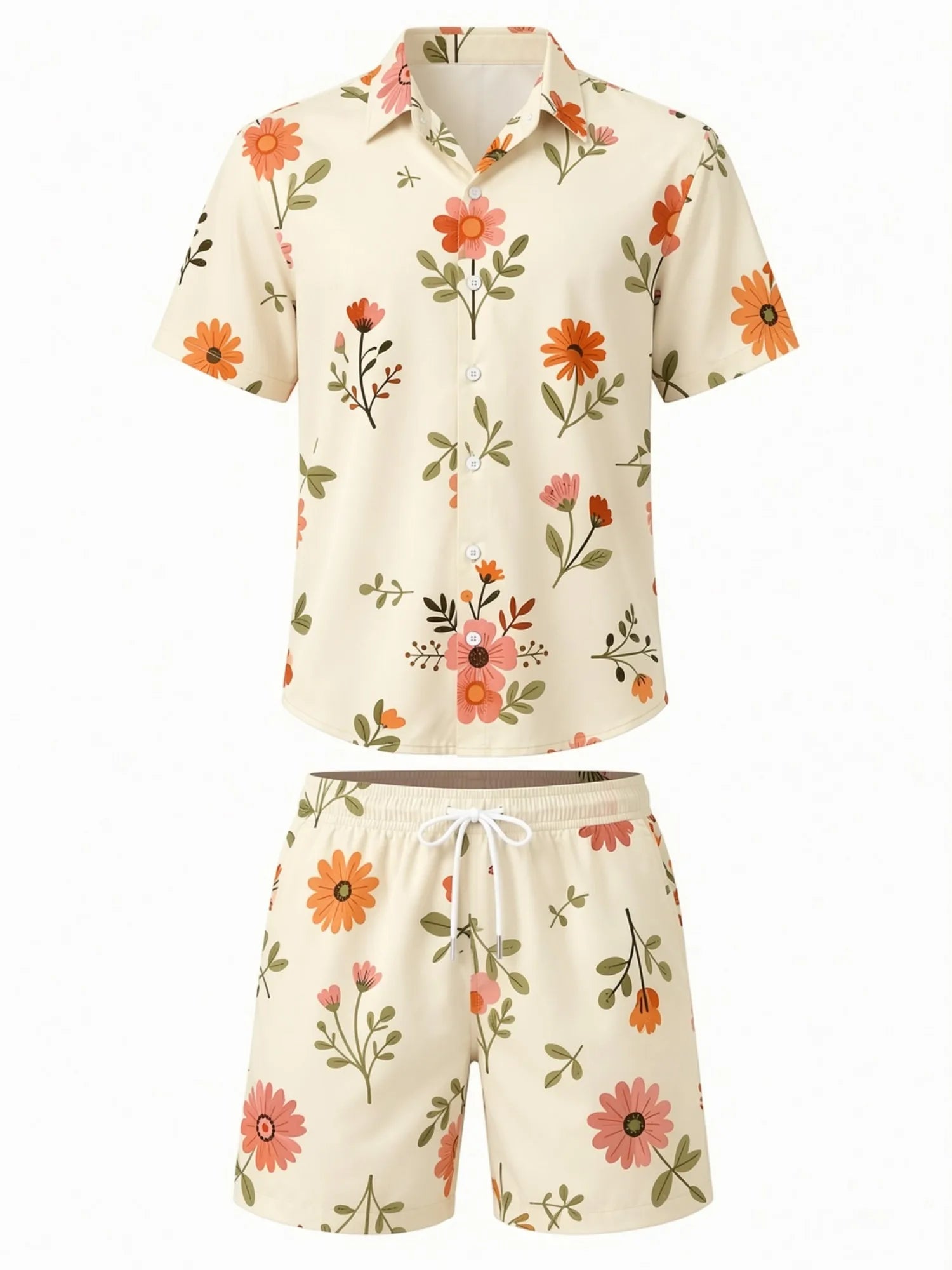 Mens Floral Short Sleeve Shirt and Drawstring Shorts Set Beach Vacation Matching Summer Two Piece Casual Beach Outfit Resortwear