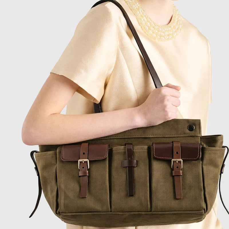 Luxury Canvas Leather Multi-Pocket Tote Bag,Women Zipper Closure Vintage Shoulder Bag,Motorcycle Biker Style Handbag,Lightweight