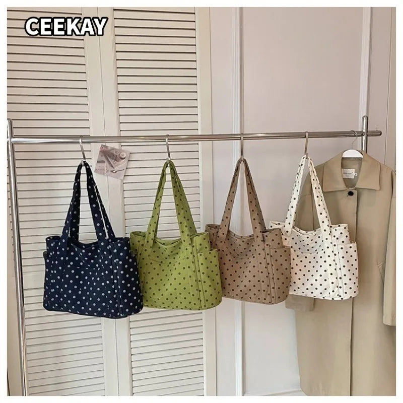 CEEKAY Small Dot Soft Canvas Hobo Bag Rectangular Open Top Multi Compartment Lightweight Ladies Casual Daily Hand Tote Purse