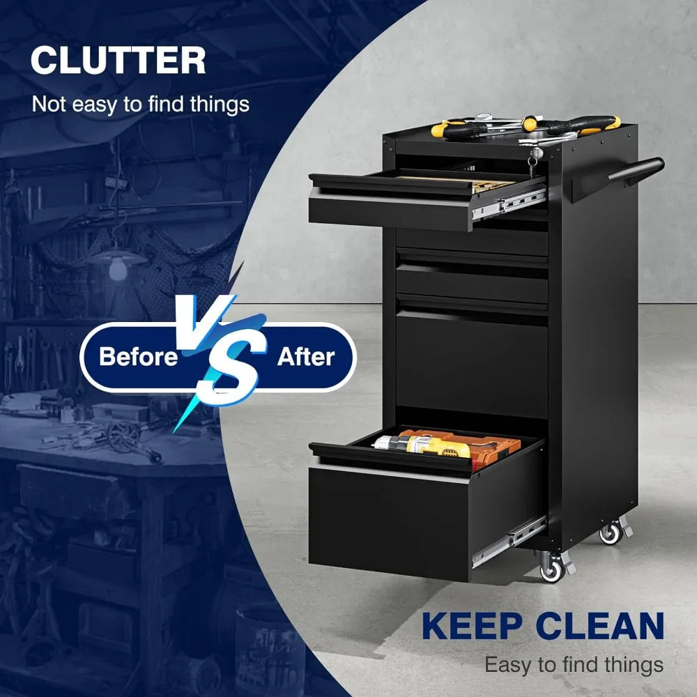 5-Drawer Metal Tool Storage Cabinet with Wheel,Rolling Tool Chest with Drawer and Locking Keys,Heavy Duty Tool Storage Organizer
