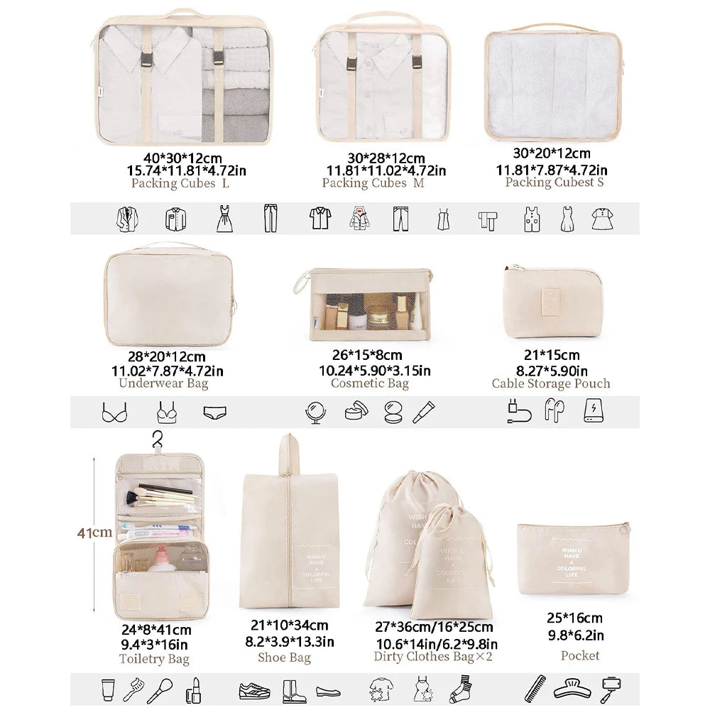7/8/9/10/11 Pcs Set Travel Organizer Storage Bags Suitcase Packing Cubes Set Cases Portable Luggage Clothes Shoe Tidy Pouch