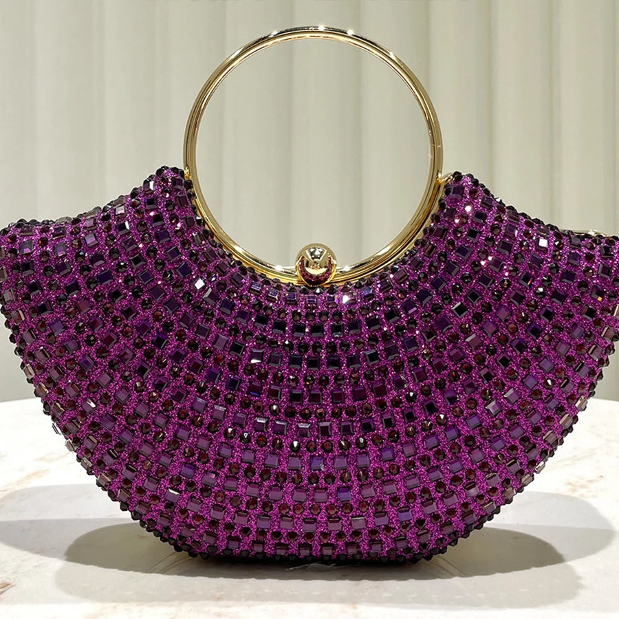 Purple shiny luxurious diamond ring handle handbag lady's evening bag for party dress wedding clutch purse chains shoulder bags