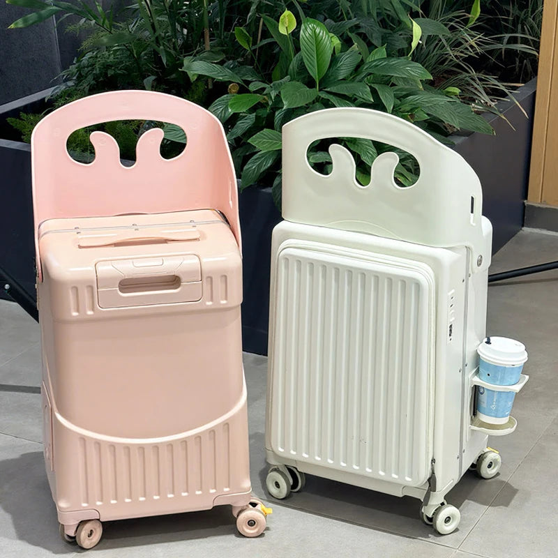 Front Opening Suitcase for Children can Sit 20/22 inch Ride on Luggage Sturdy Thickened PC Travel Suitcase with Cup Holder