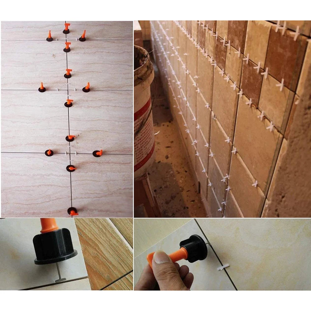 Reusable tile leveling system, 100 tile leveler gaskets, 100 2mm tile gaskets, 2 wrenches and 100 replaceable spare steel pins