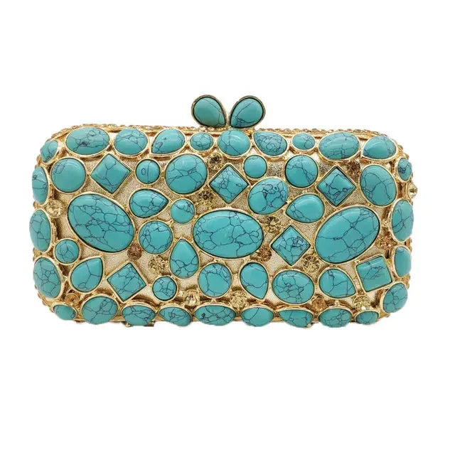 Boutique De FGG Turquoise Synthetic Agate Stone Evening Bags and Clutches for Women Formal Party Bags Party Rhinestone Handbags