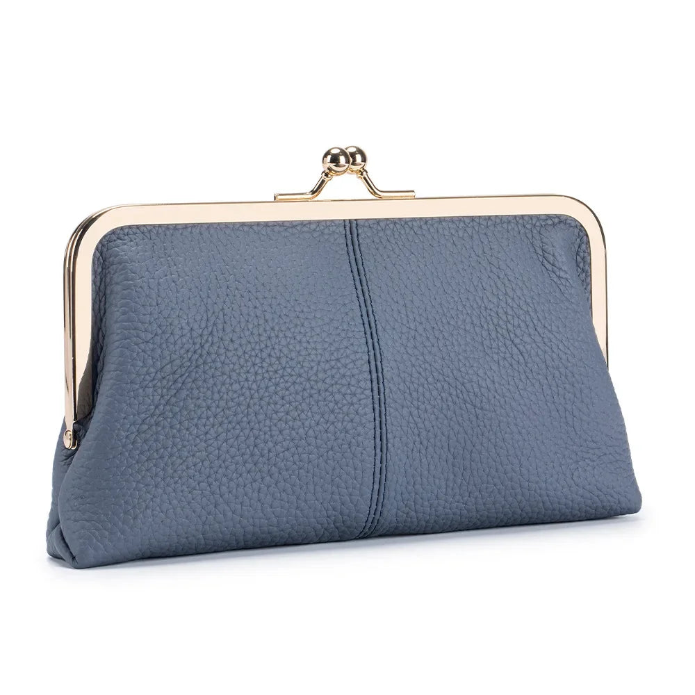 Vintage Genuine Leather Clutch Purses for Women Small Evening Bag with Kiss Lock Closure Metal Frame Long Large Clutch Wallet