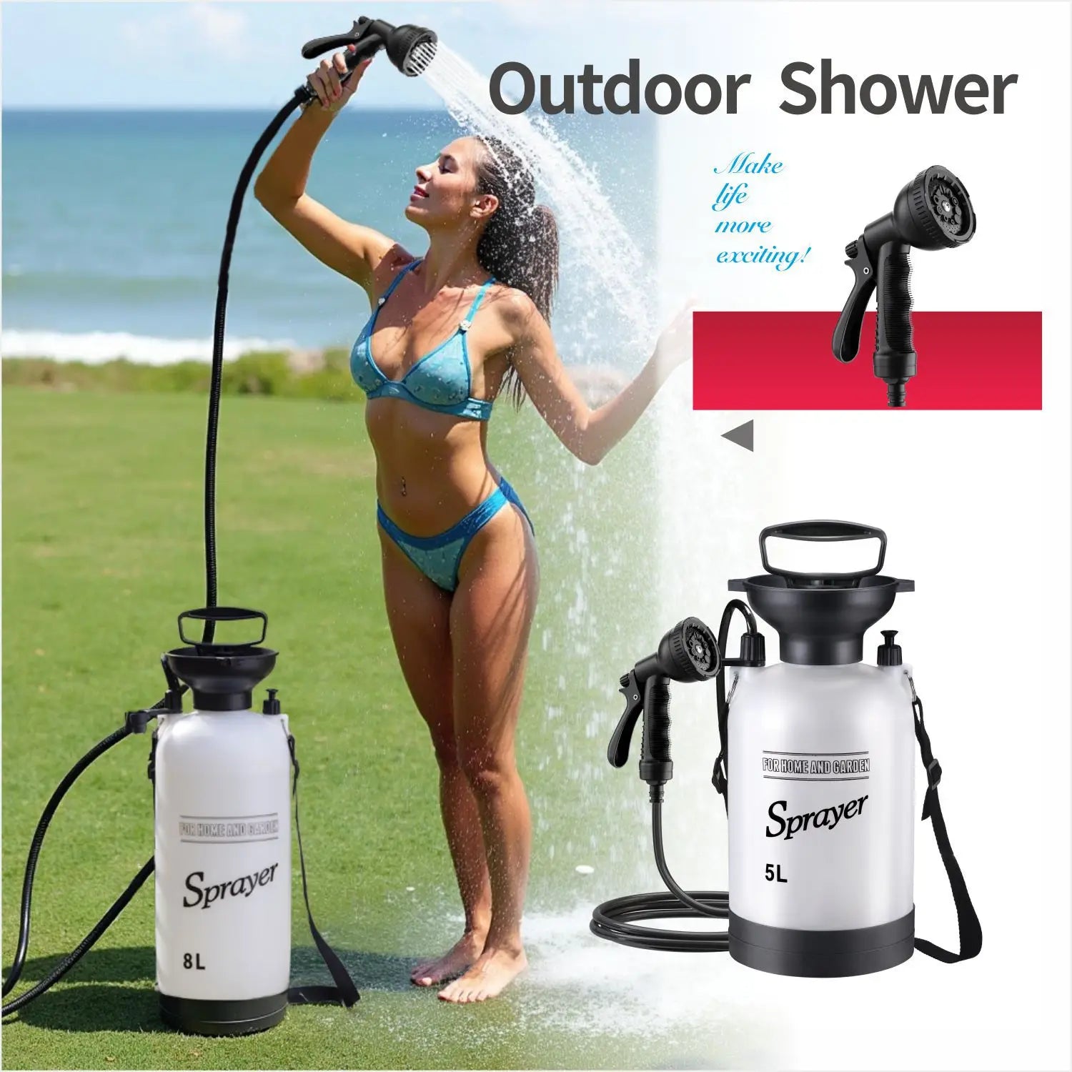 5L 8L Portable outdoor camping shower surf wash kit beach manual shower pump multifunctional shower showerhead 3M leather tube