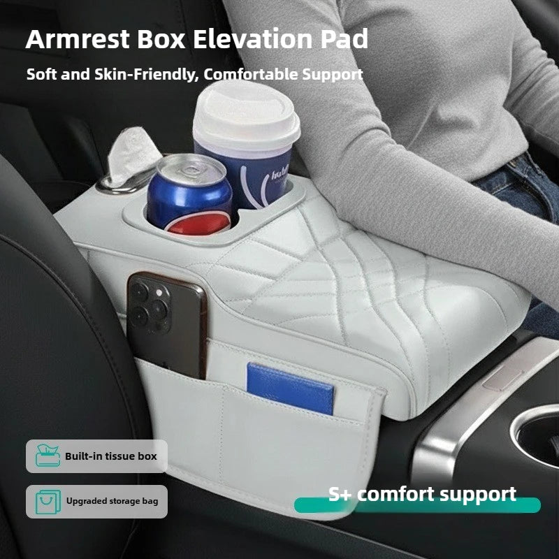 High-Low Style Car Armrest Box Cushion-An Armrest Cover with 2Side Pockets,2Cup Holders and 1 Tissue Box.Suitable for Most Cars