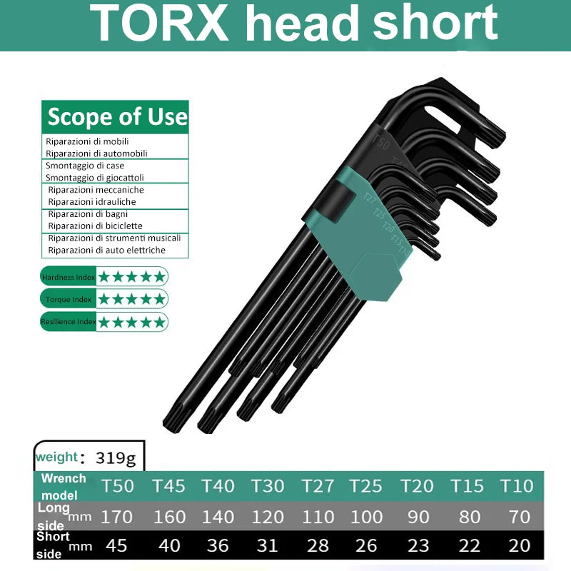 9Pcs Hex Wrench Set L Type Allen Key Set 1.5-10MM Hexagon Flat Ball Torx Star Head Spanner Screwdriver Set Household Hand Tools