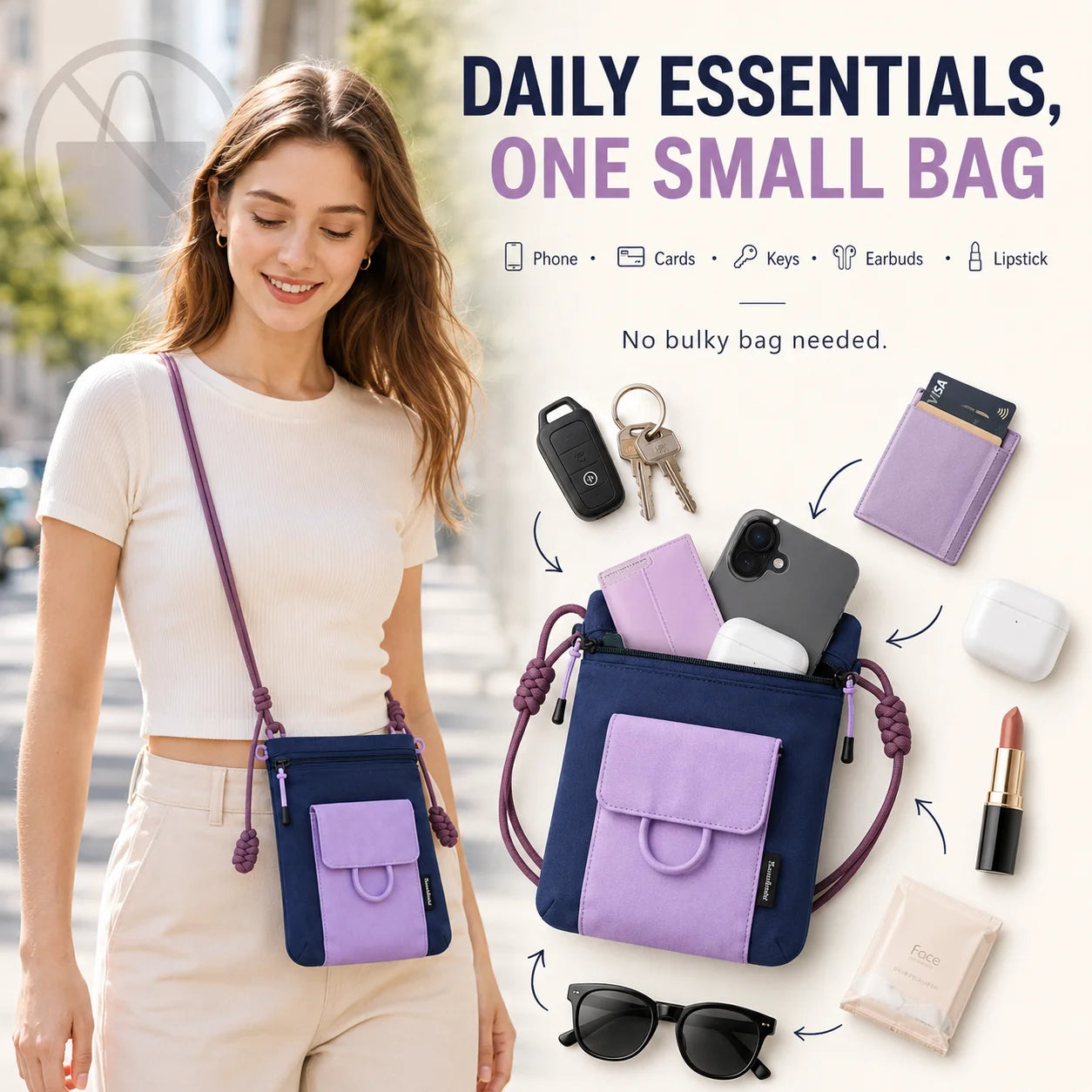 Unisex Mini Crossbody Phone Bag Lightweight Nylon Shoulder Pouch Adjustable Strap Small Travel Bag for Travel Outdoor Walking
