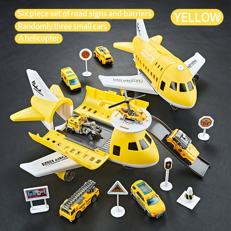 Children's Airplane Car Toy, Inertial Airplane Model, Equipped with 6 Road Signs Random 3 Cars 1 Helicopter, Christmas Gift