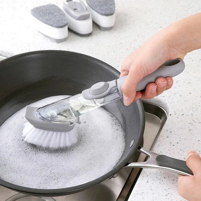 2 in 1 Refillable Kitchen Brush Long Handle Detachable Soap Dispenser Scrubber for Pots Dishes Sink Non Scratch Eco Friendly