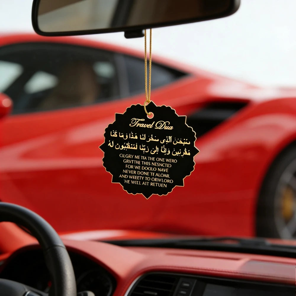 Islamic-style travel prayer acrylic tag with Arabic and English prayers, an Eid gift suitable for seeking blessings.