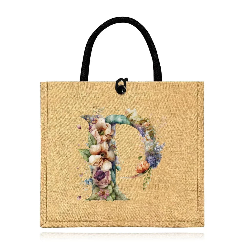 Flax Bag Fastener Handbag Organizer Storage Jute Tote Bags Imitation Cotton Women Valise Portable Floral Letter Printing Series