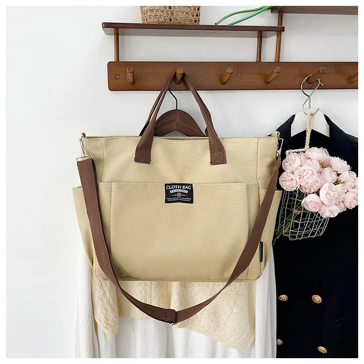 Urban Minimalist Female Student Large Capacity Commuting Horizontal Canvas Single Shoulder Diagonal Cross Portable Tote Bag