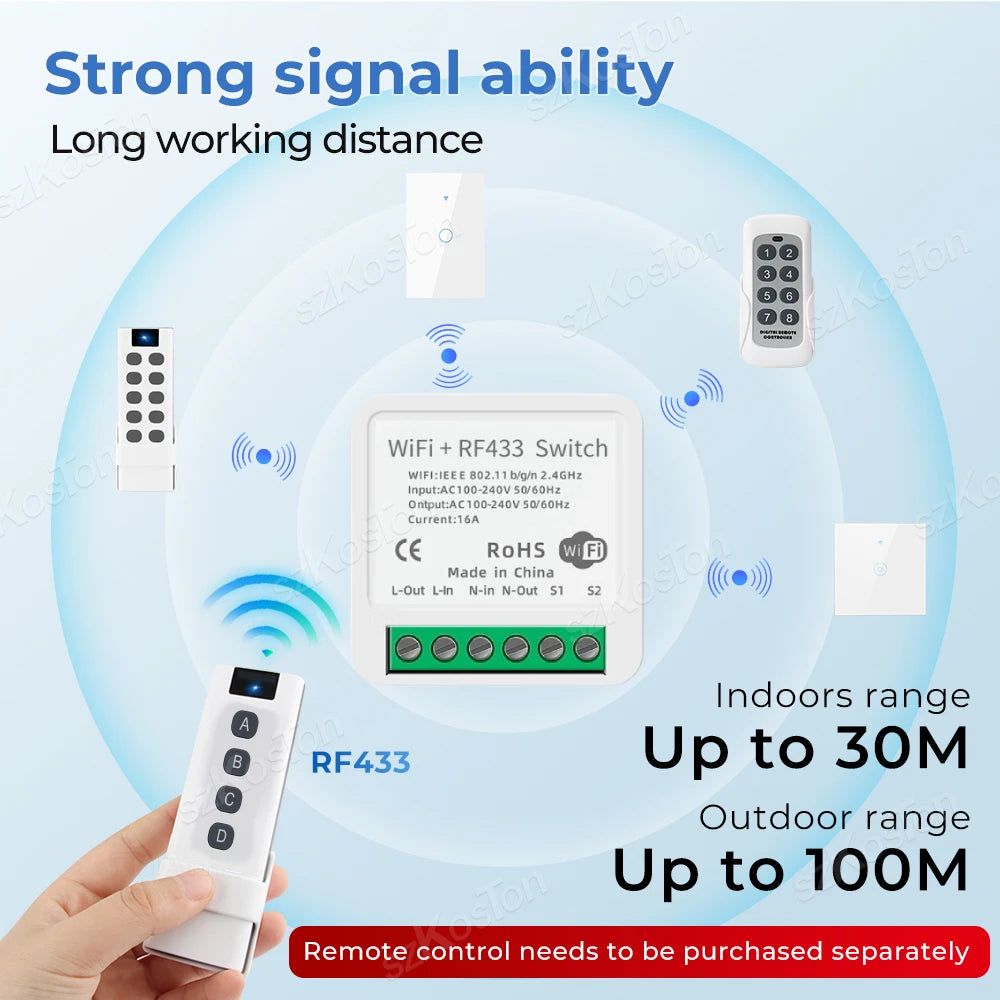 Tuya RF433 WiFi Smart Switch Smart Home 1/2/3Gang Wireless Remote Control 16A Mini Relay Receiver Voice for Alexa Google