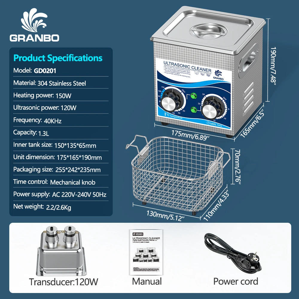 Granbosonic 1L 60W/120W Ultrasonic Cleaner Machine Stainless Steel With Heater Timer Jewelry Glasses for Home