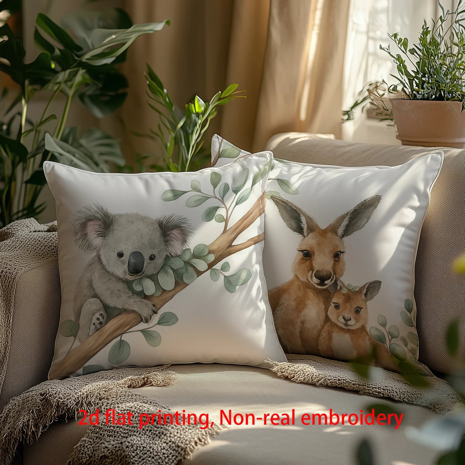 4pcs Australian Style Natural Eco-Friendly Pillowcase Set, Featuring Koalas, Kangaroos, Emus, and Wombats.