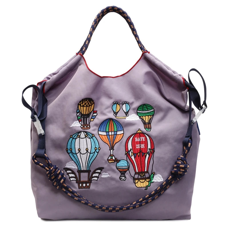 Fashion Embroidered Hot Air Balloon Pattern Large Capacity Lady Canvas Bag New Drawstring Shopping Handbag Thin Style Canvas Bag