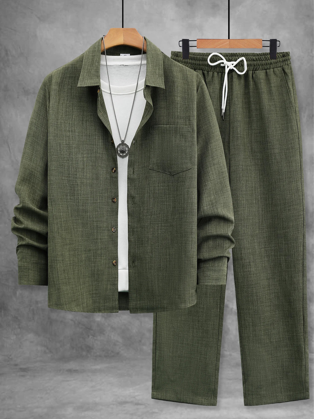 Men's Spring and Autumn Thin Cotton-Linen Two-Piece Set, Army Green Collared Long-Sleeve Shirt and Straight-Leg Pants, Vintage Wooden Button Loose Comfortable Casual Men's Outfit Set