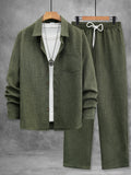 Men's Spring and Autumn Thin Cotton-Linen Two-Piece Set, Army Green Collared Long-Sleeve Shirt and Straight-Leg Pants, Vintage Wooden Button Loose Comfortable Casual Men's Outfit Set